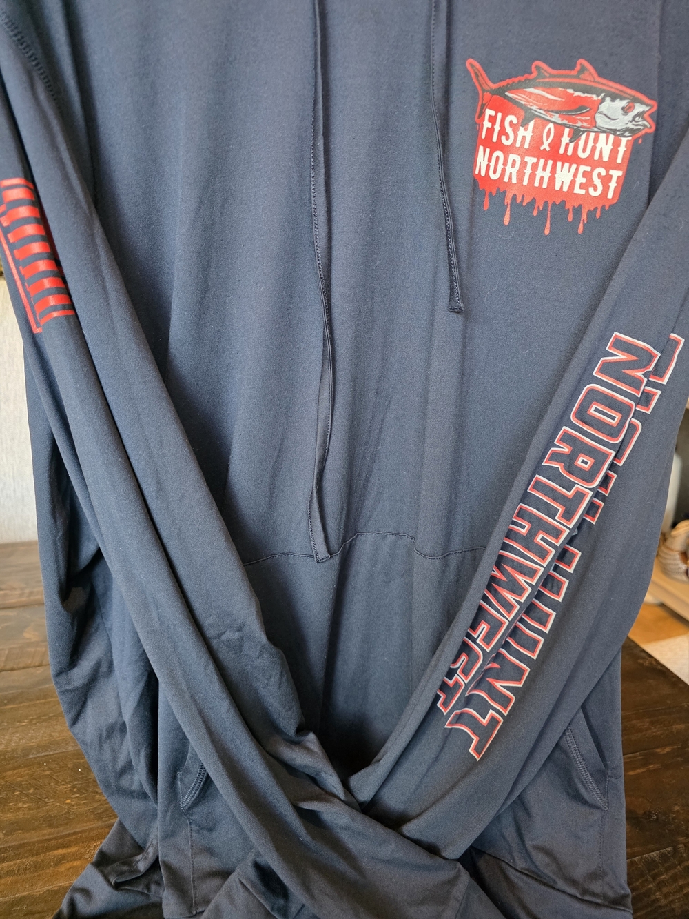 Fish Hunt Northwest Navy Hoodie with Red Graphics